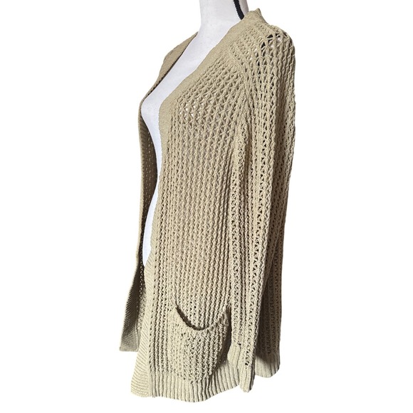 Womens Open Front Knit Cardigan Light Khaki Textured Pockets Long Sleeve XL - Picture 7 of 9